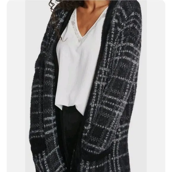 1. State Plaid Eyelash Long Line Fluffy Cardigan Sweater Size M