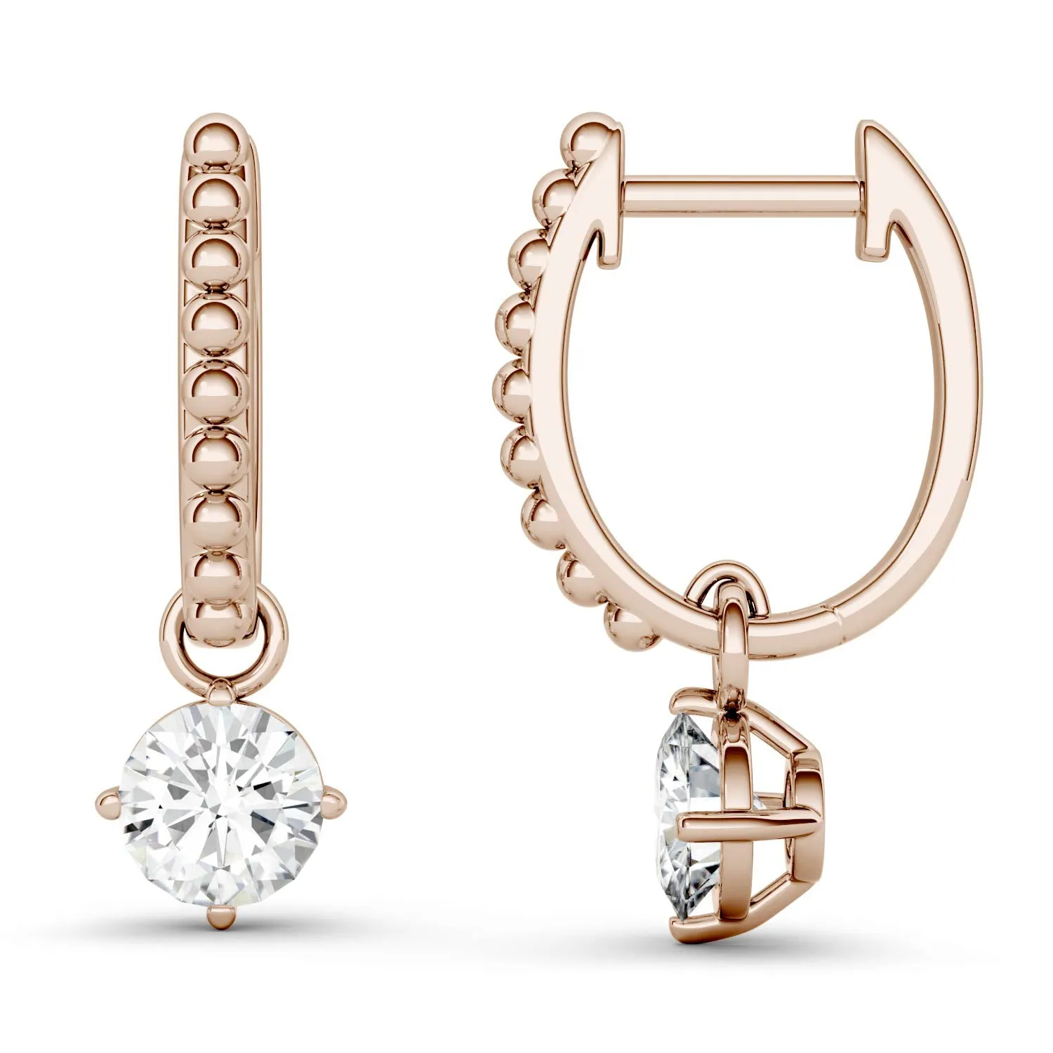 1.00 CTW DEW Round Moissanite Hoop Drop Earrings in 14K Rose Gold