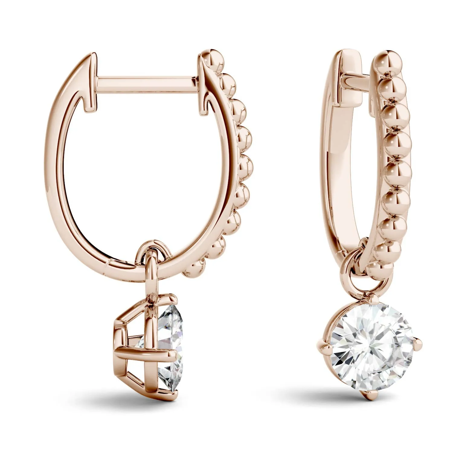 1.00 CTW DEW Round Moissanite Hoop Drop Earrings in 14K Rose Gold