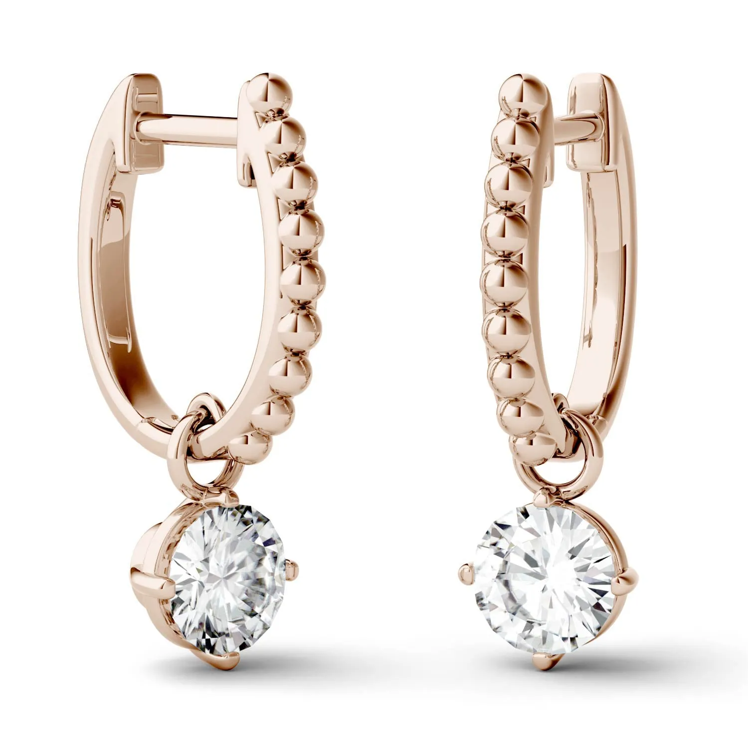 1.00 CTW DEW Round Moissanite Hoop Drop Earrings in 14K Rose Gold