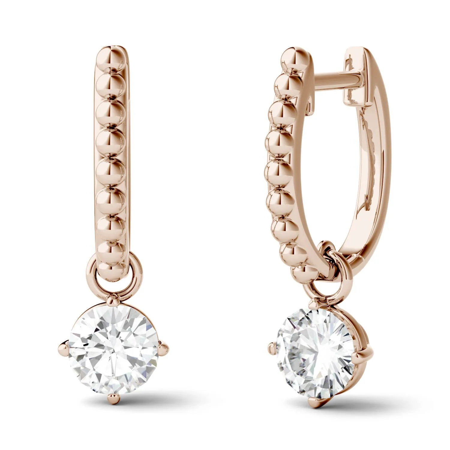1.00 CTW DEW Round Moissanite Hoop Drop Earrings in 14K Rose Gold