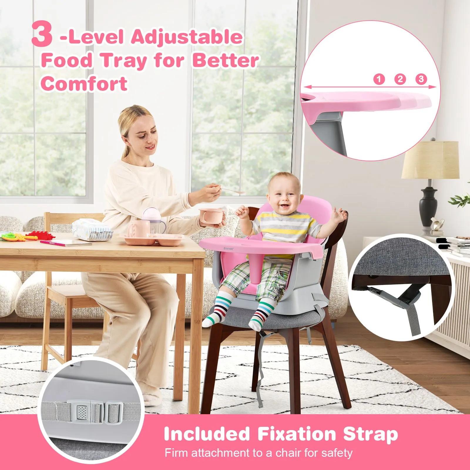 6-in-1 Grow-with-me Baby High Chair | 5-Point Harness | Booster Seat | Table & Chair Set | Pink