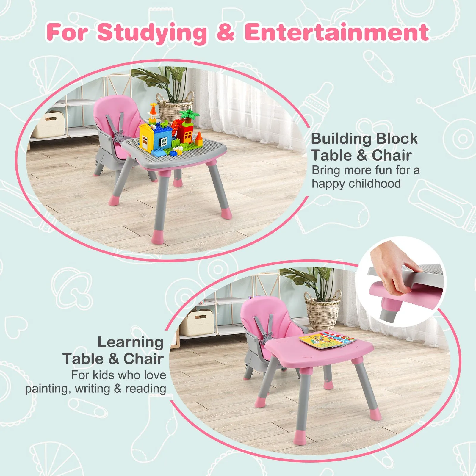 6-in-1 Grow-with-me Baby High Chair | 5-Point Harness | Booster Seat | Table & Chair Set | Pink