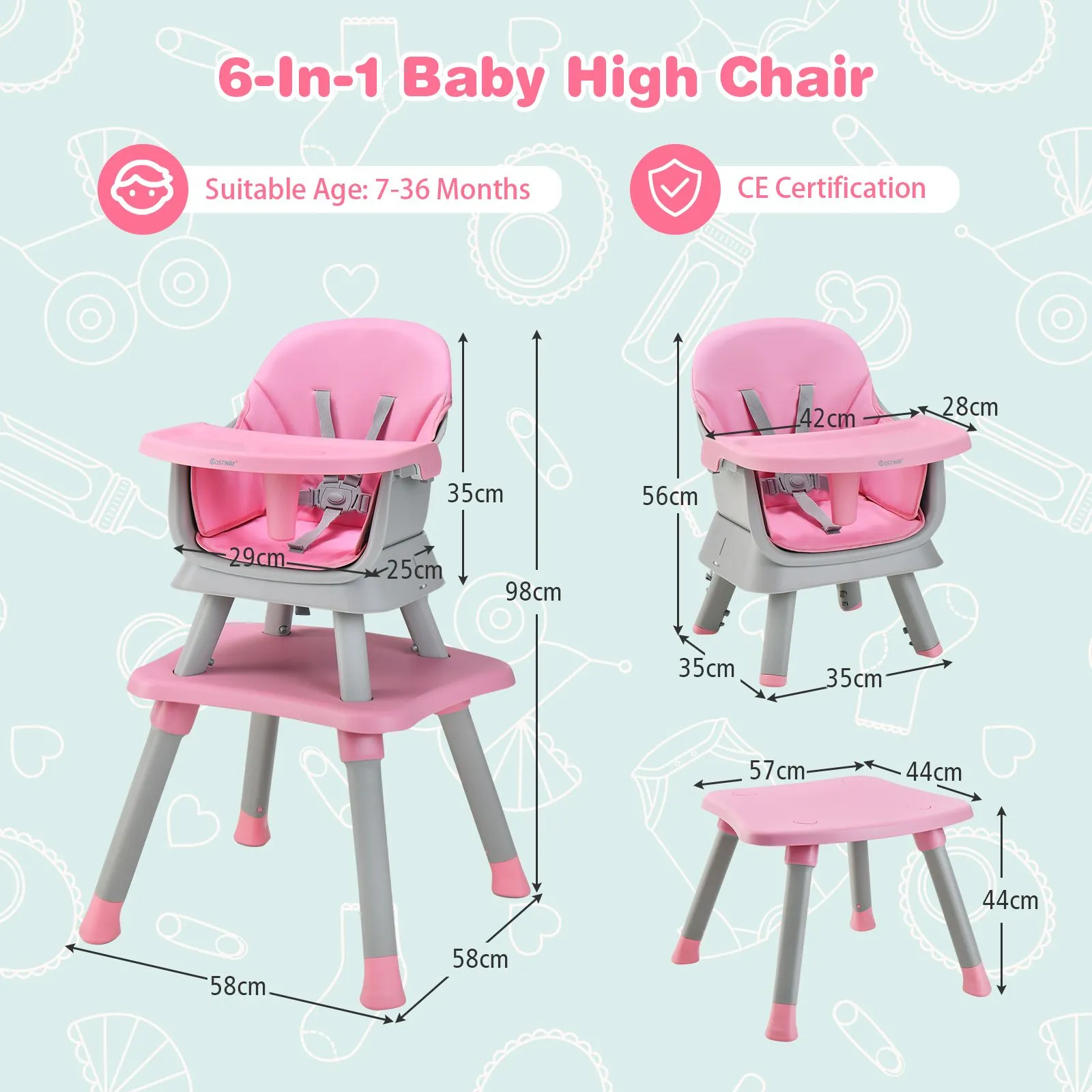 6-in-1 Grow-with-me Baby High Chair | 5-Point Harness | Booster Seat | Table & Chair Set | Pink