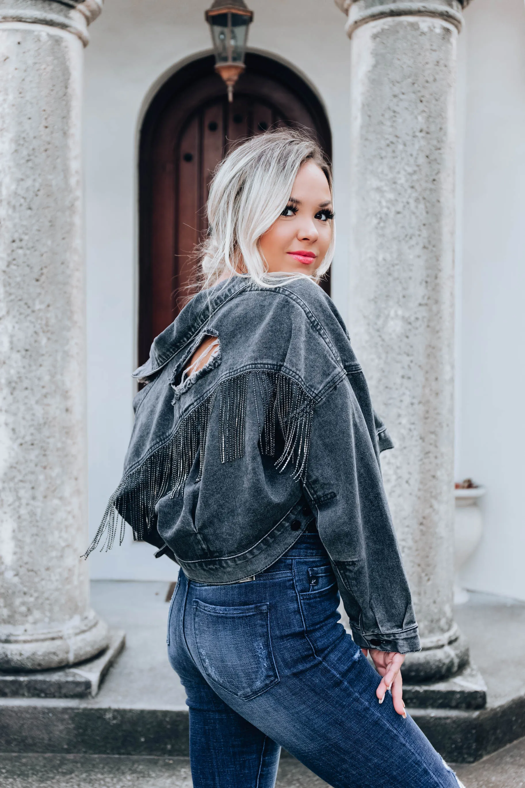 Amorette Rhinestone Jacket-Charcoal