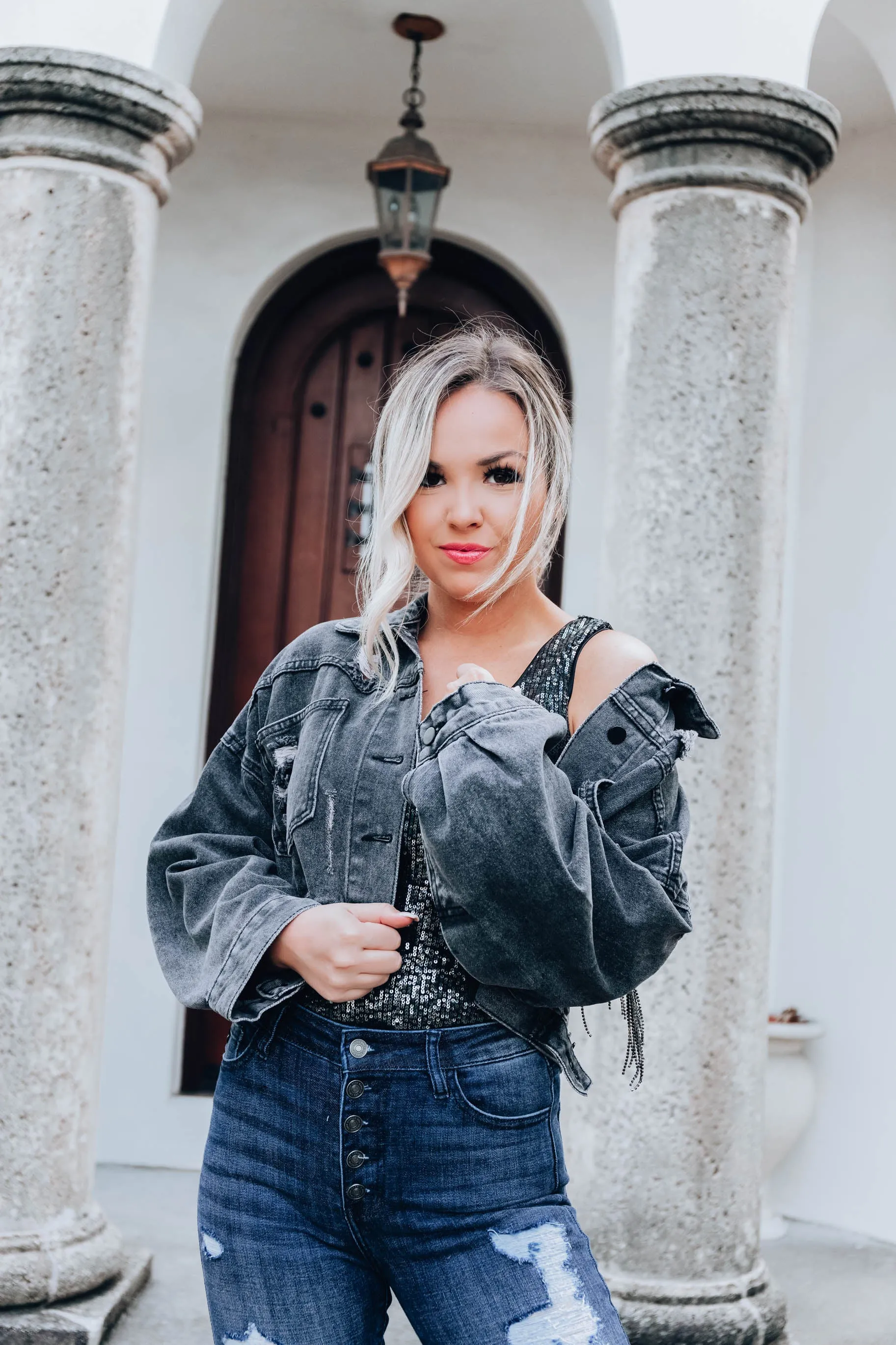 Amorette Rhinestone Jacket-Charcoal