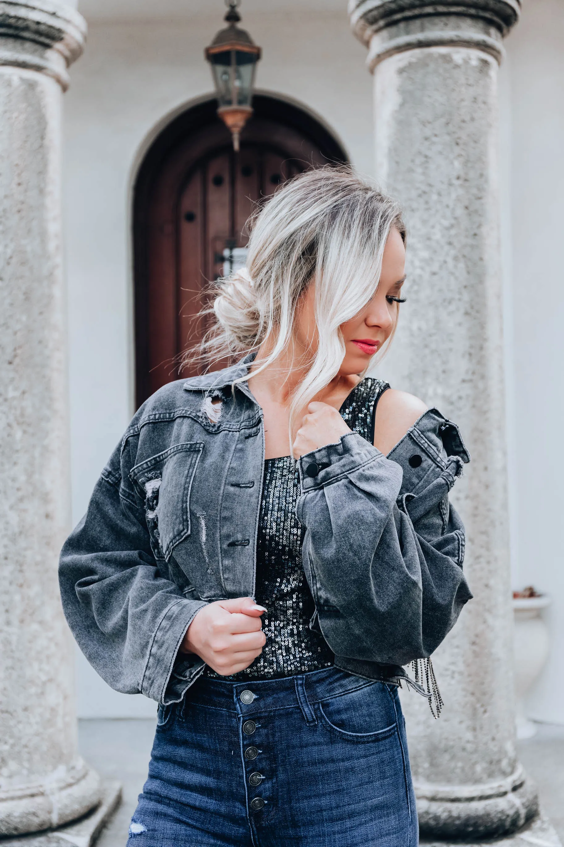 Amorette Rhinestone Jacket-Charcoal