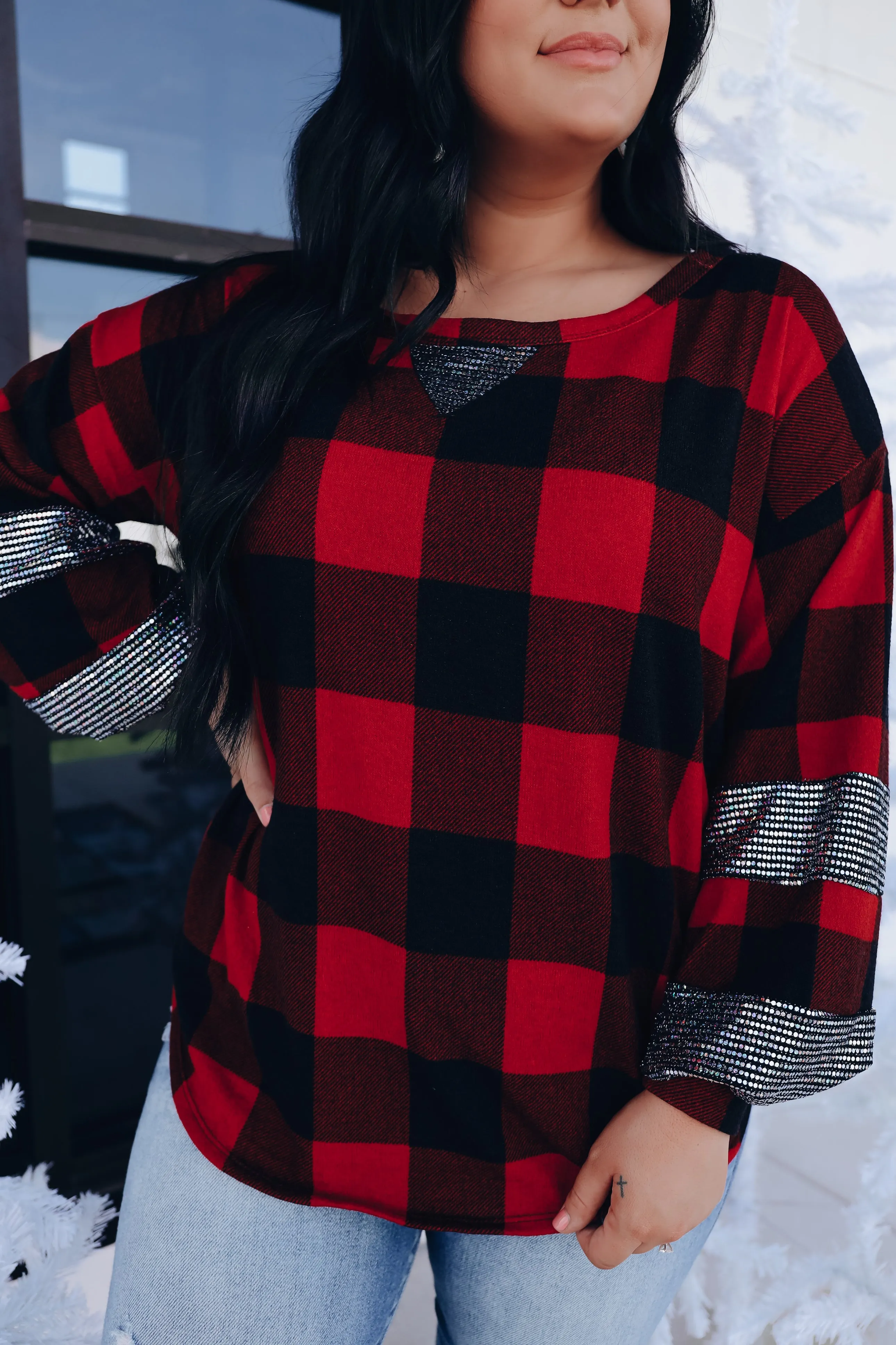 Bethany Buffalo Plaid Sequin Top- Red