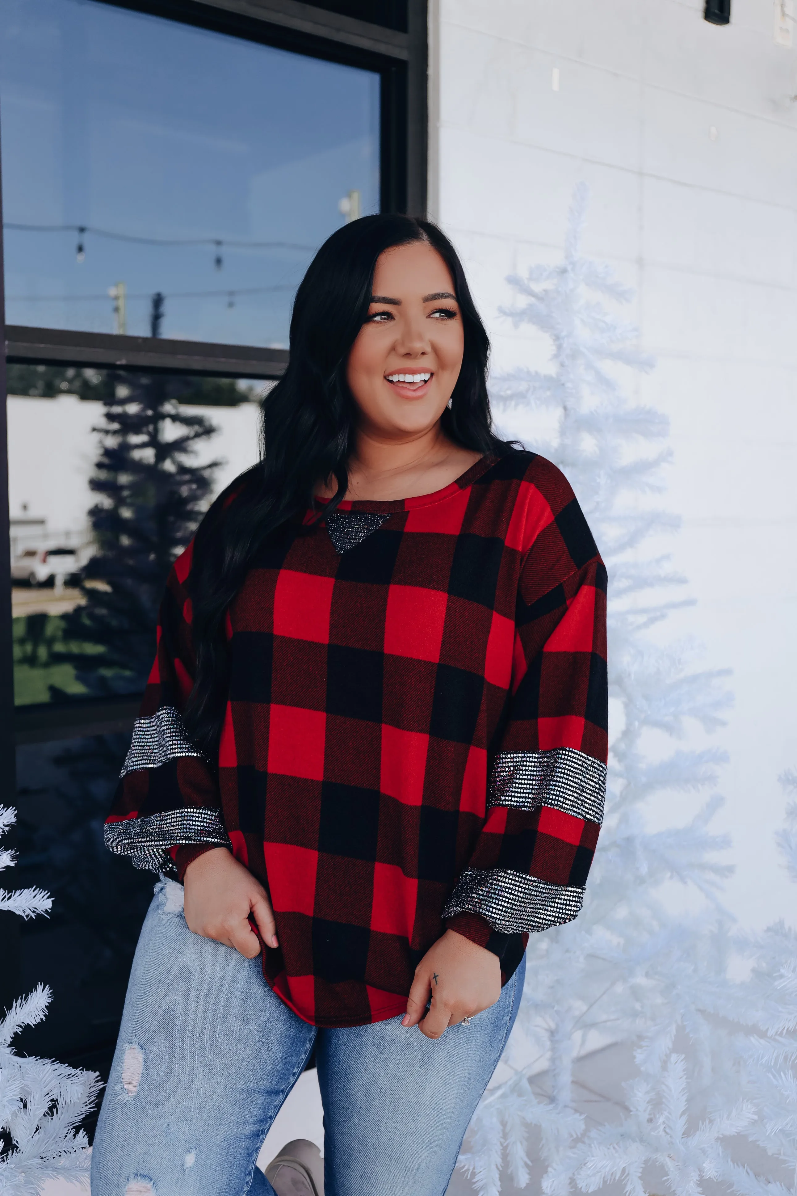 Bethany Buffalo Plaid Sequin Top- Red