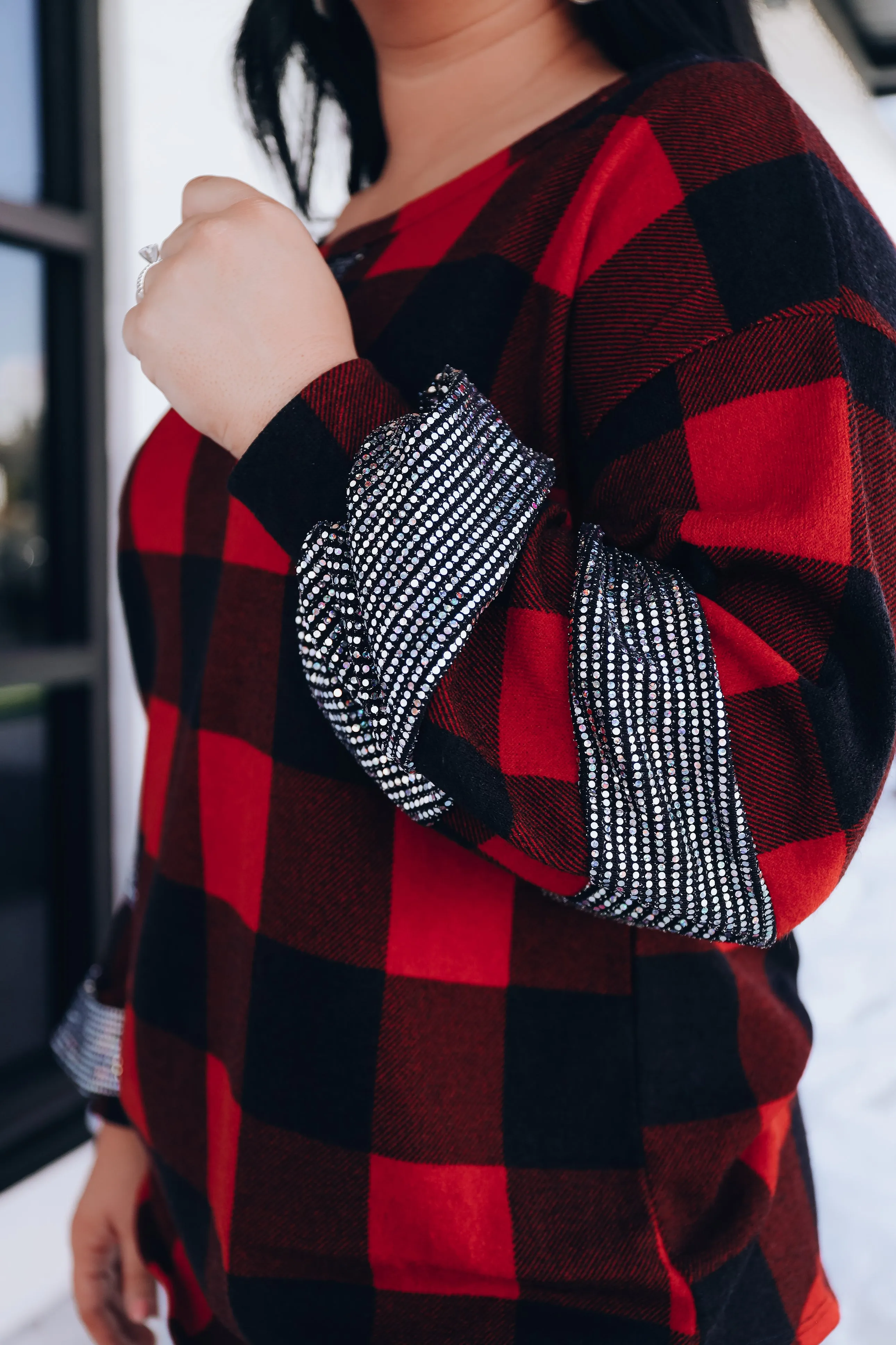 Bethany Buffalo Plaid Sequin Top- Red