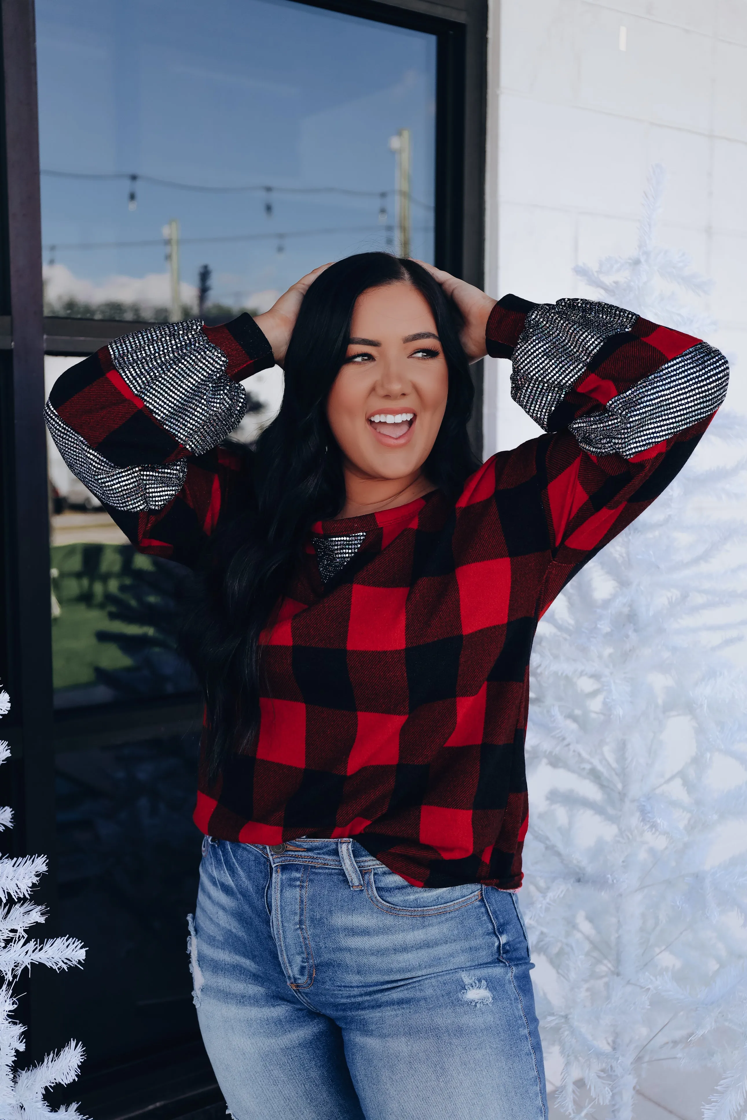 Bethany Buffalo Plaid Sequin Top- Red