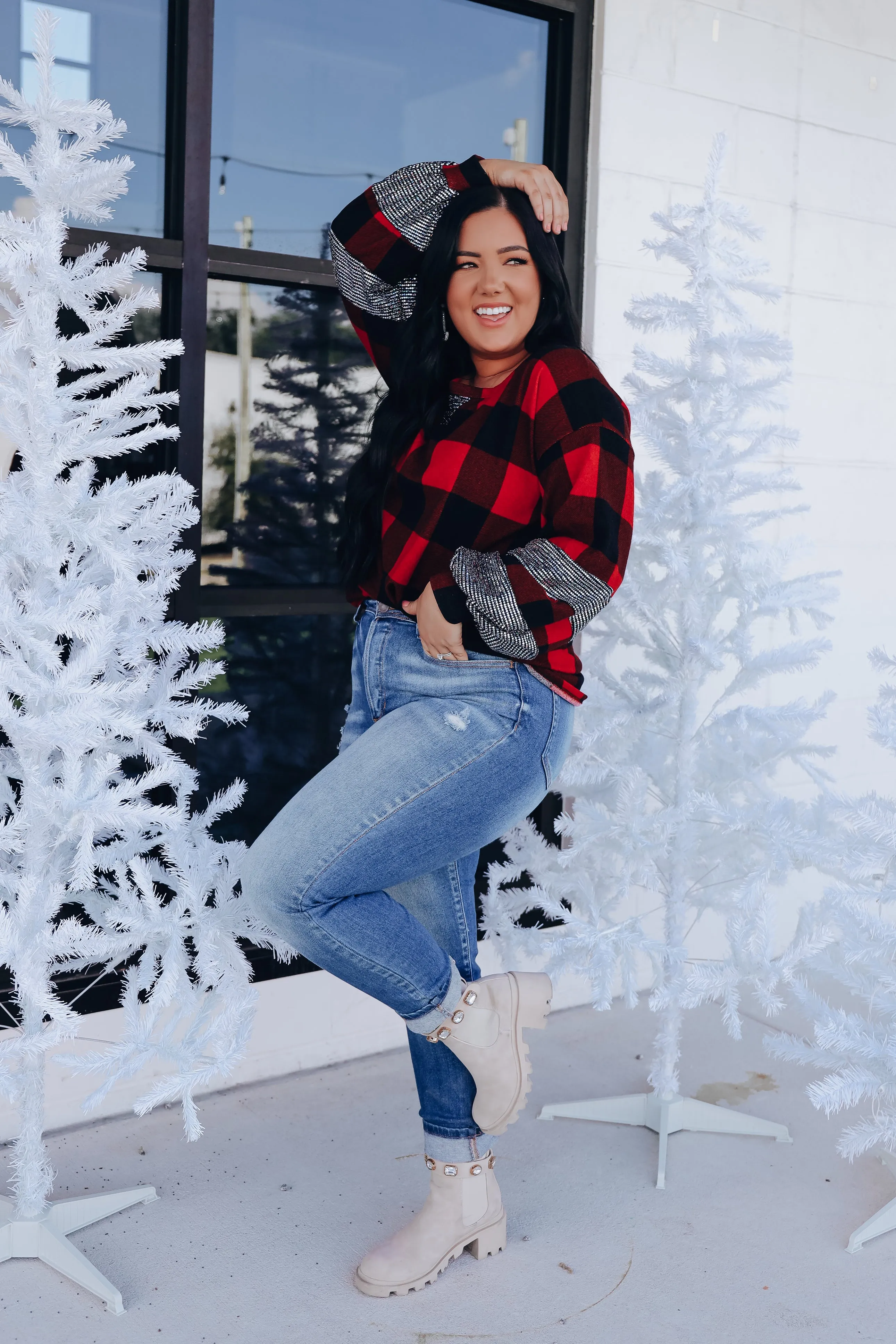 Bethany Buffalo Plaid Sequin Top- Red