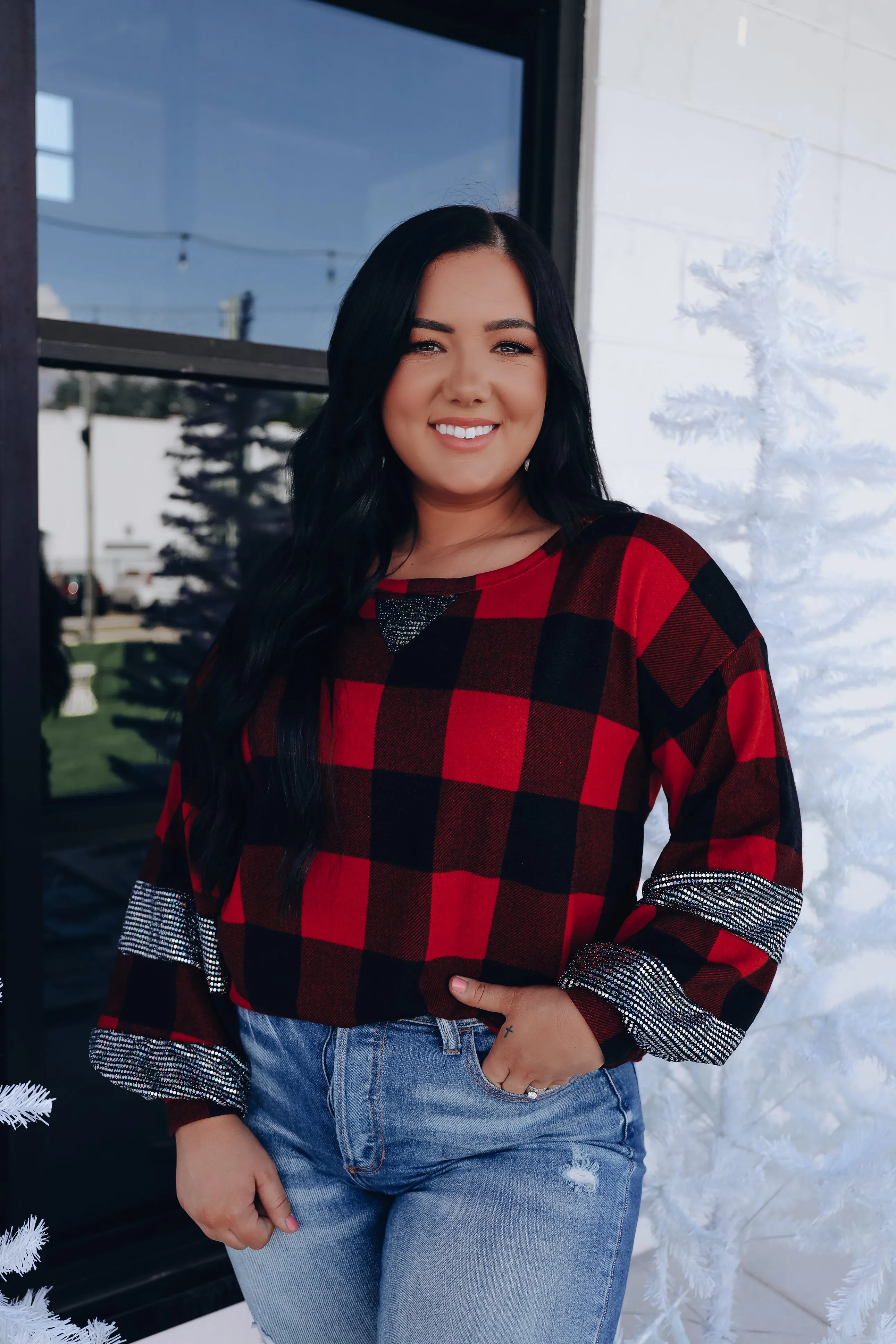 Bethany Buffalo Plaid Sequin Top- Red