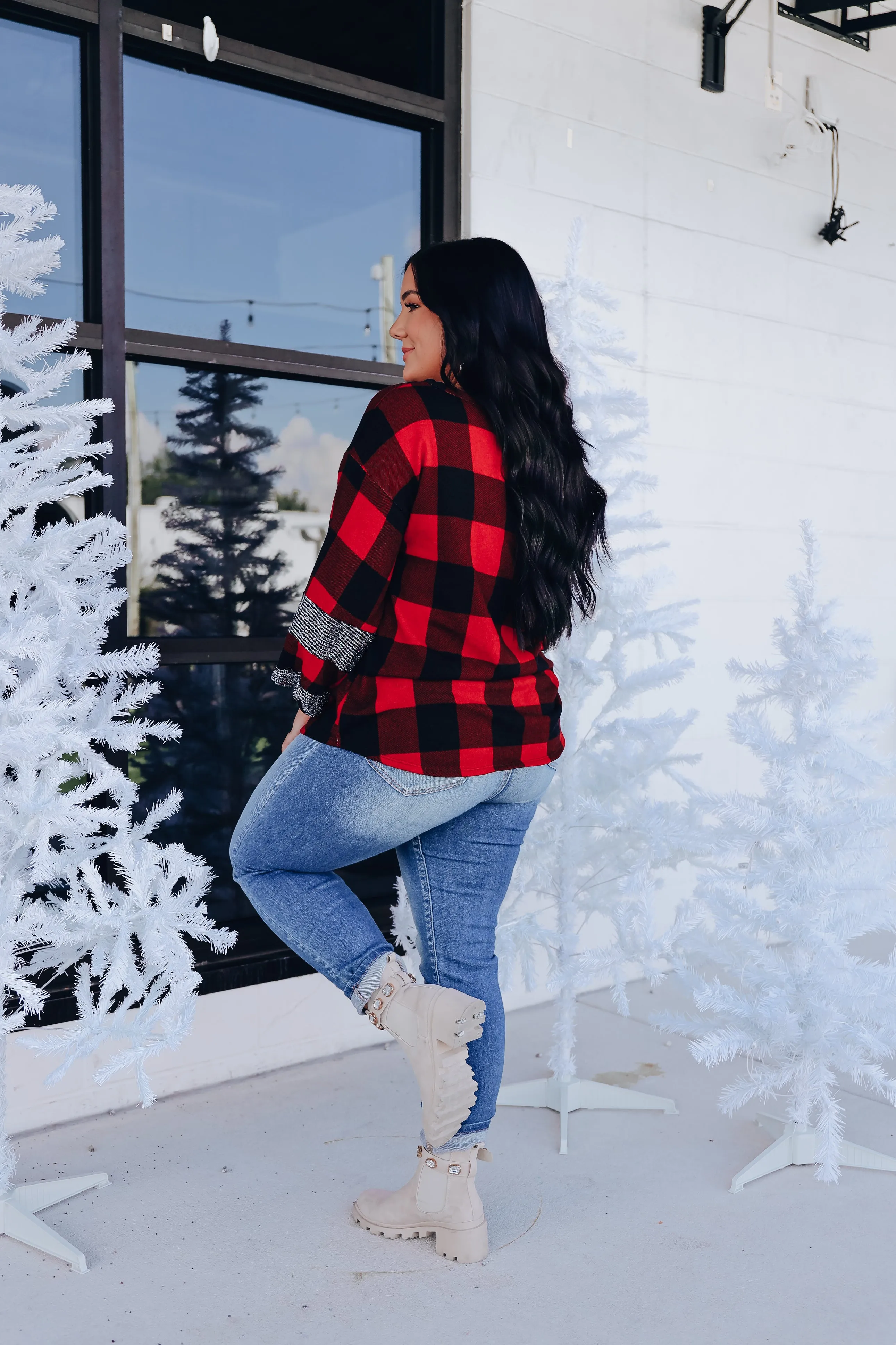 Bethany Buffalo Plaid Sequin Top- Red