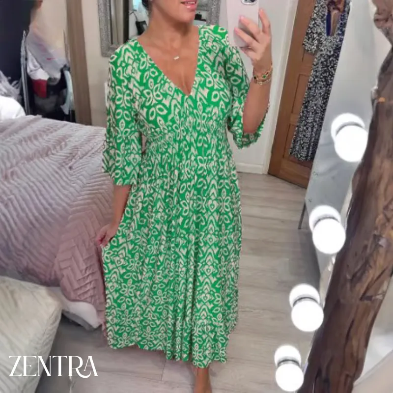 🔥Bohemian casual print V-neck waist wrap long dress