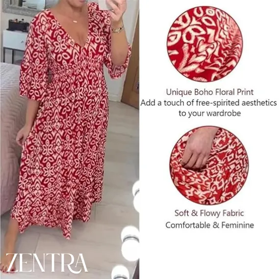 🔥Bohemian casual print V-neck waist wrap long dress