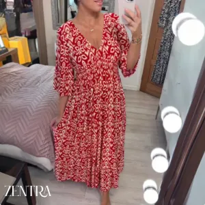 🔥Bohemian casual print V-neck waist wrap long dress