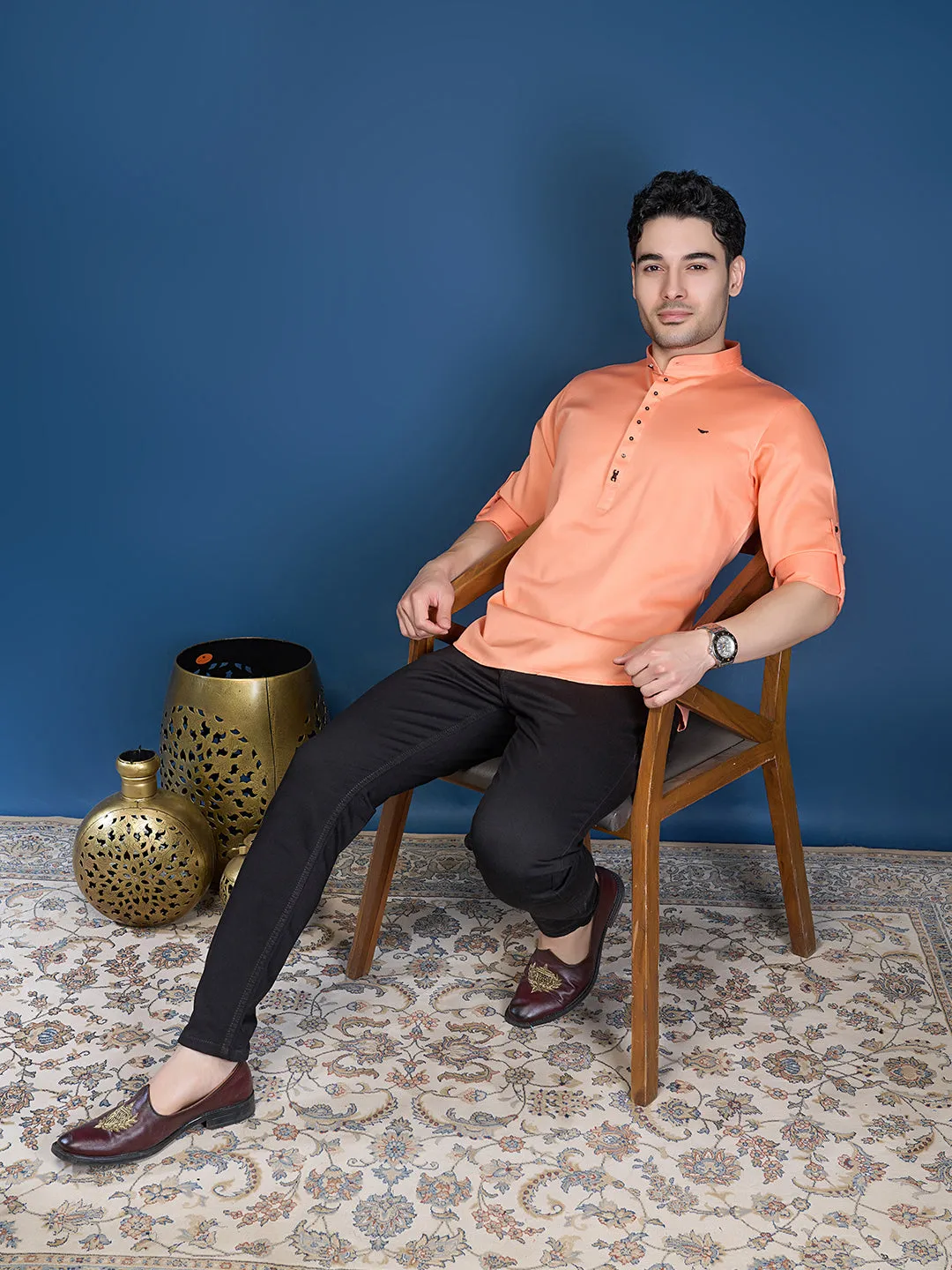 Casual Orange Silk Short Kurta