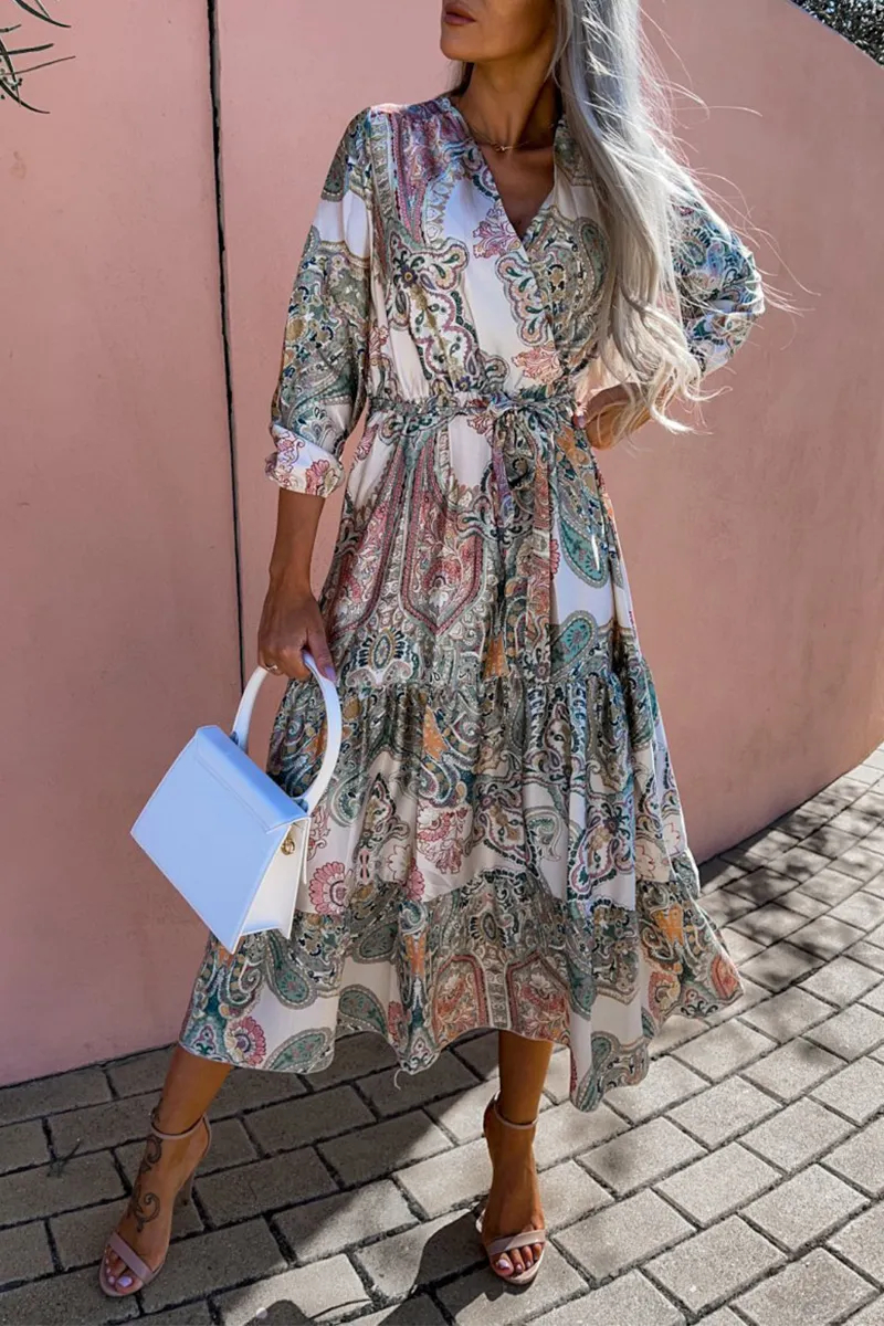 Casual Print Neck Cake Skirt Dresses(3 Colors)