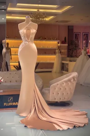 Chic Champagne Sleeveless Mermaid Prom Dresses Long Evening Gowns