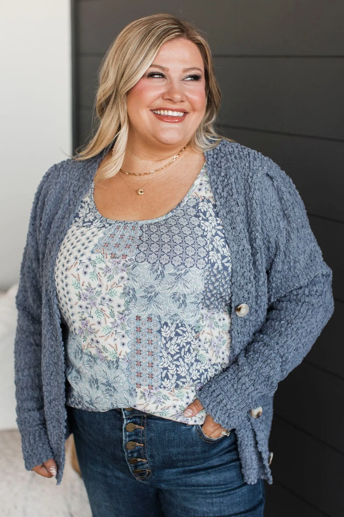 Cozy & Bright Knit Button Cardigan- Denim Blue