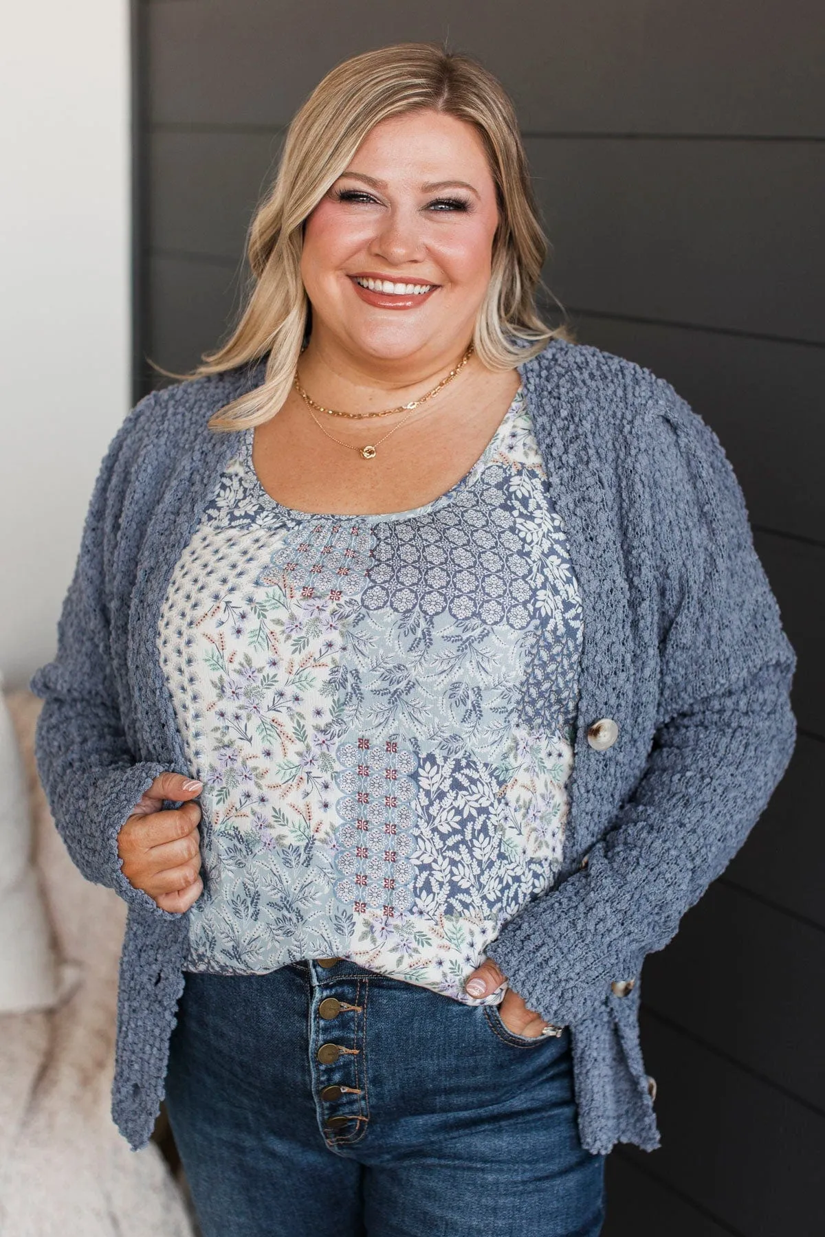 Cozy & Bright Knit Button Cardigan- Denim Blue
