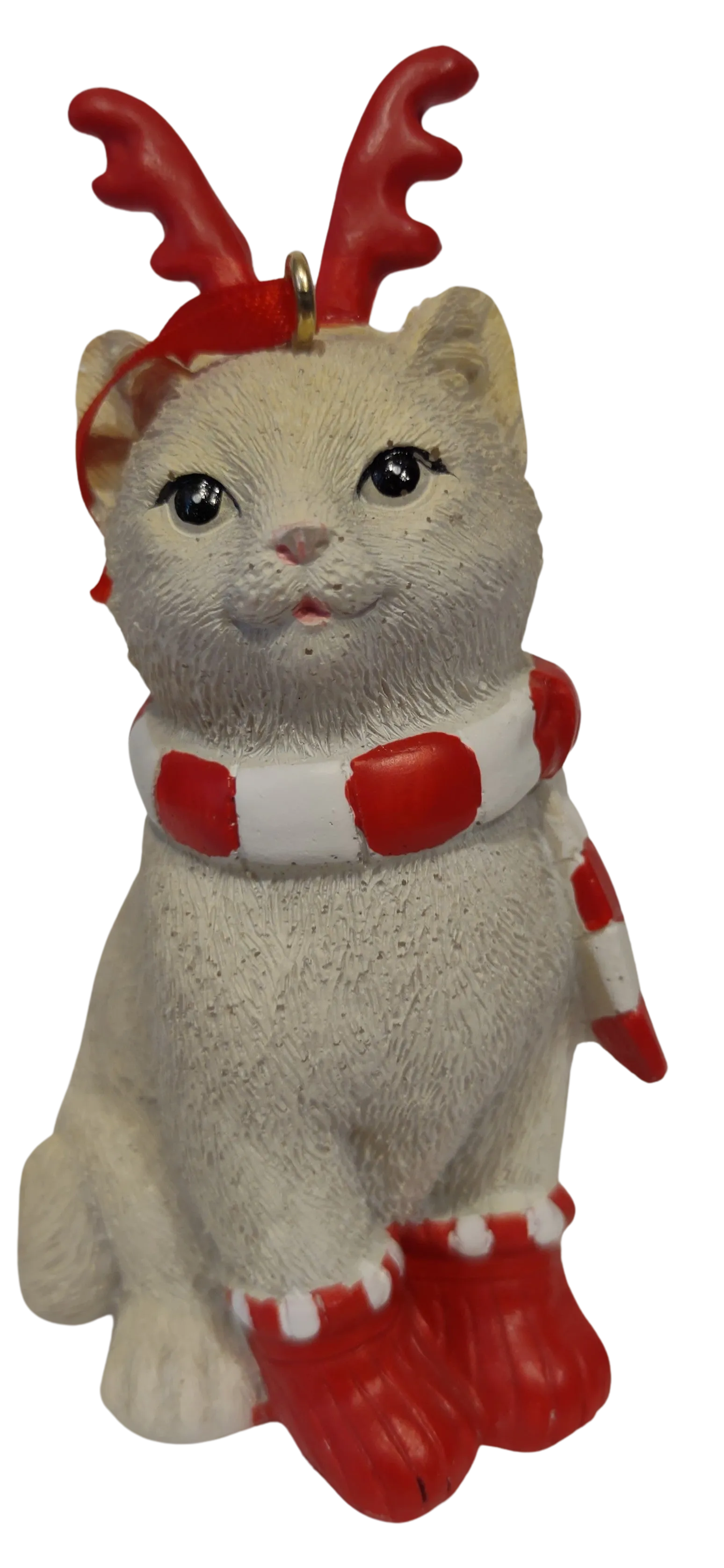 Cream Christmas Kitty Ornament with Red Boots/Antlers/Red & White Scarf 4" Resin