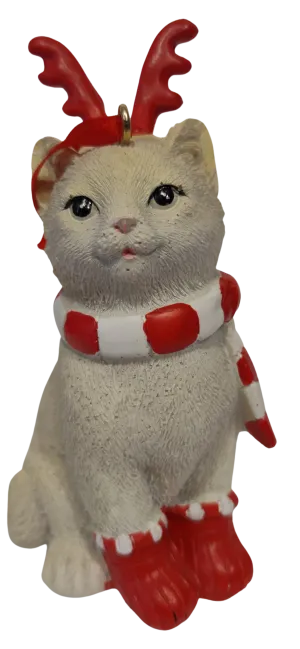 Cream Christmas Kitty Ornament with Red Boots/Antlers/Red & White Scarf 4" Resin