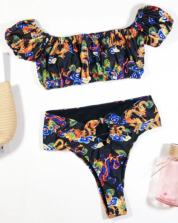 Dragon And Floral Print Off Shoulder Bikini Sets