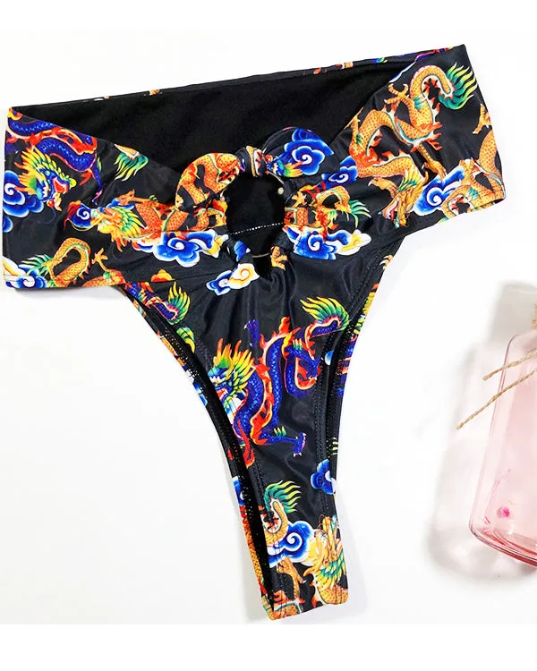 Dragon And Floral Print Off Shoulder Bikini Sets