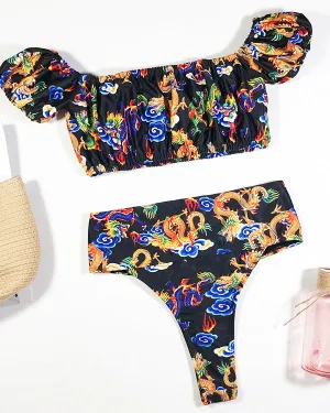 Dragon And Floral Print Off Shoulder Bikini Sets
