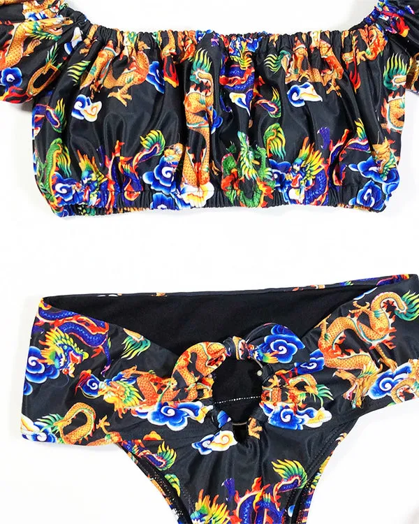 Dragon And Floral Print Off Shoulder Bikini Sets