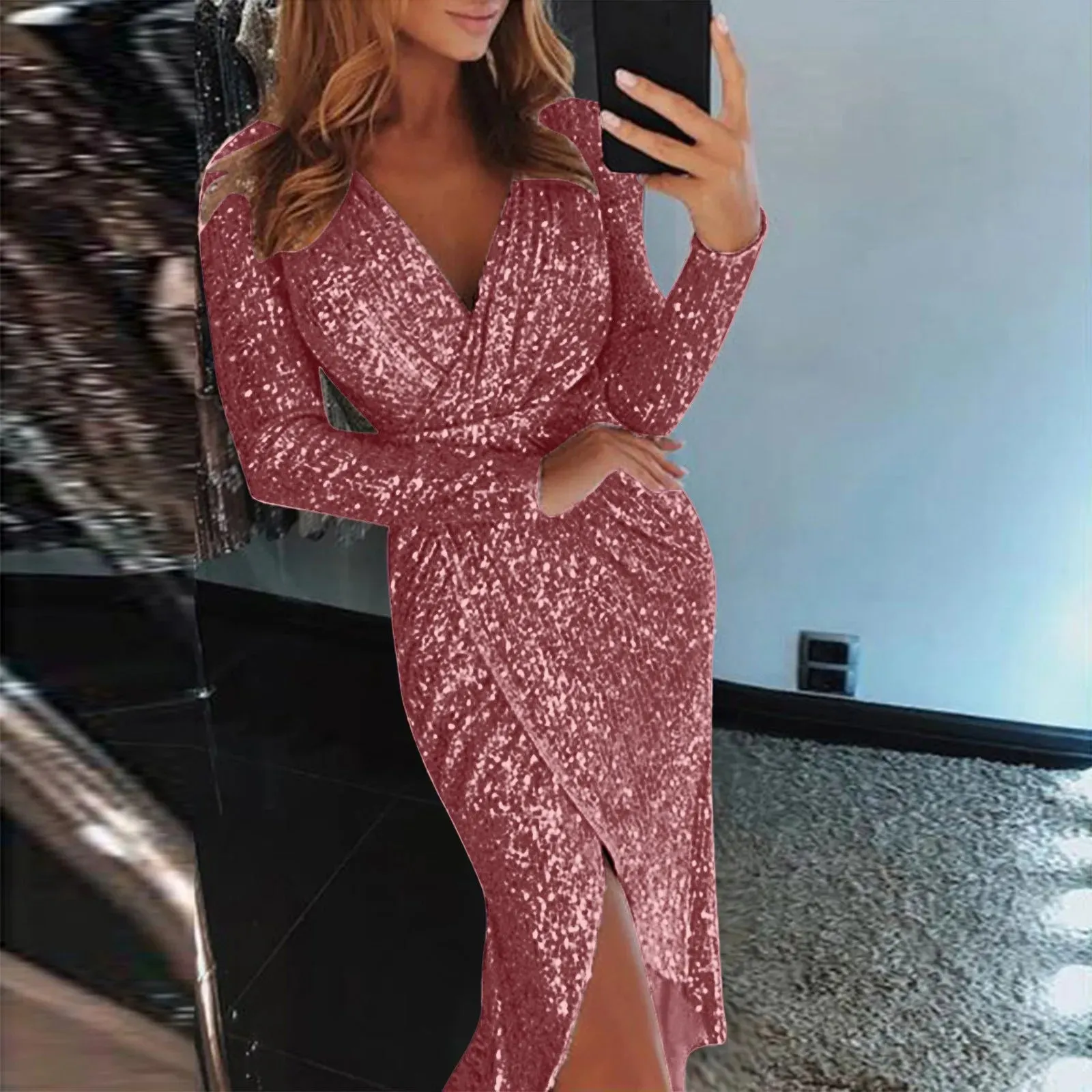 Elegant Women's Long Sleeve Deep Sequin