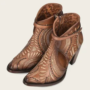 Embroidered and perforated in geometric motifs honey leather bootie