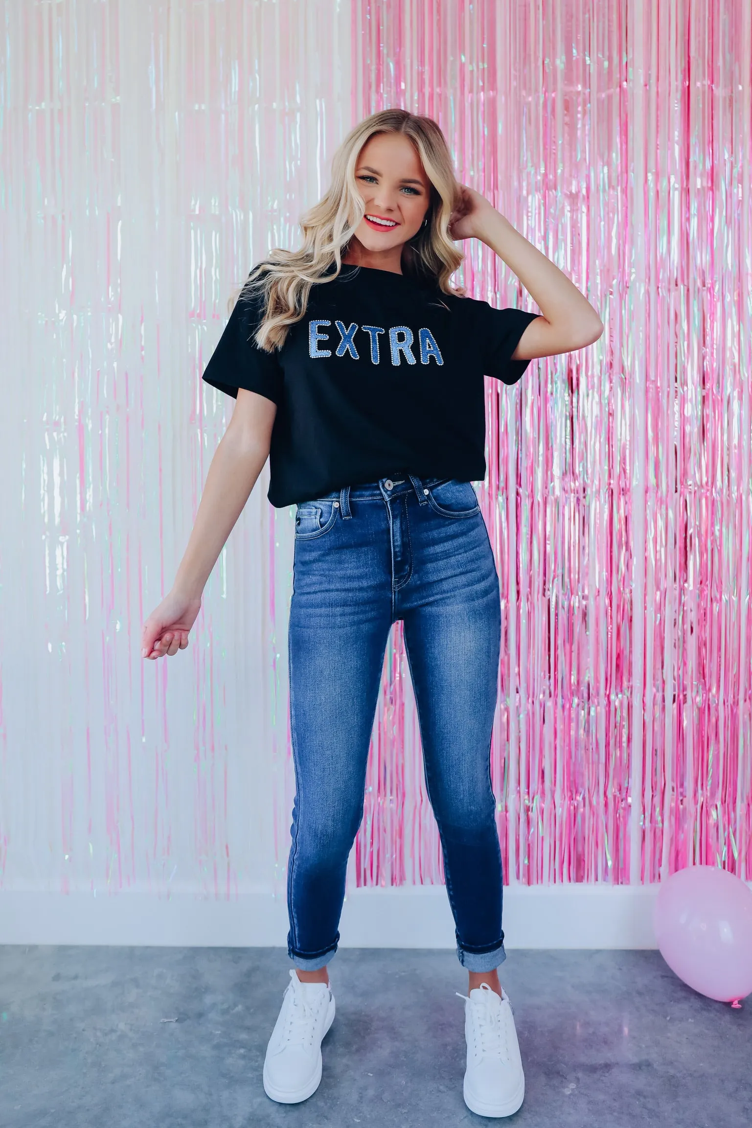 EXTRA Rhinestone Graphic Tee Top - Black/Cobalt