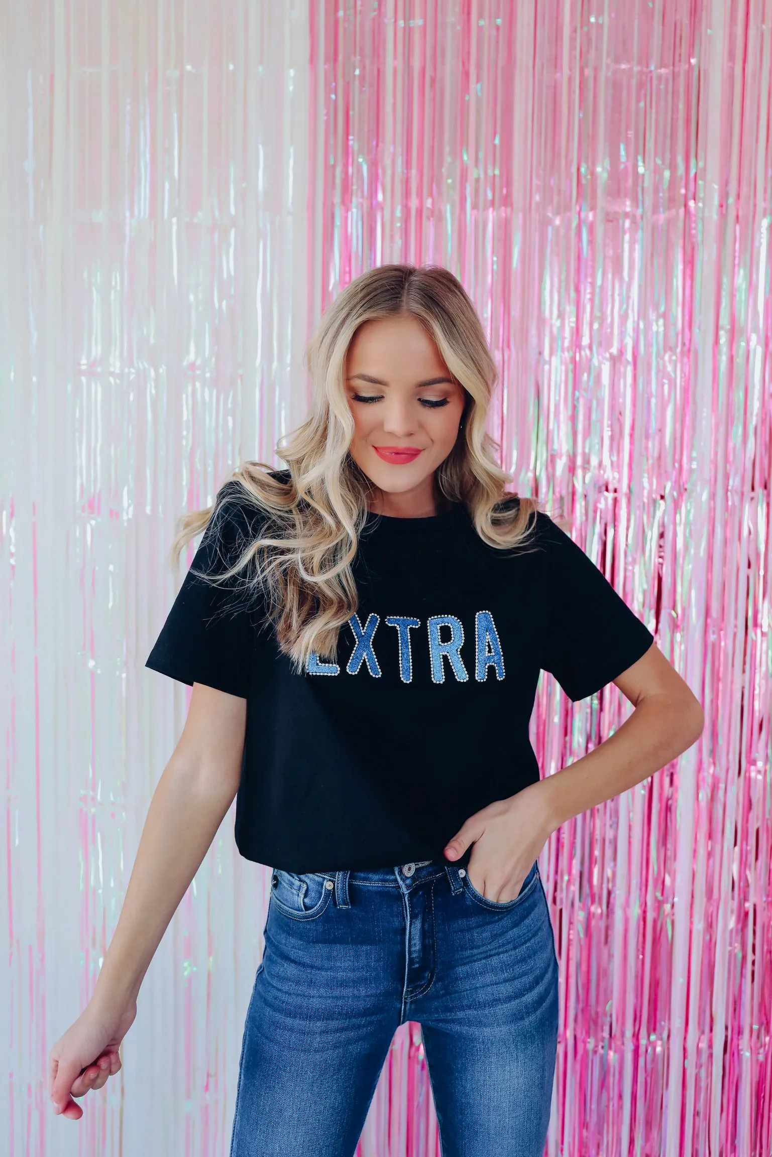EXTRA Rhinestone Graphic Tee Top - Black/Cobalt