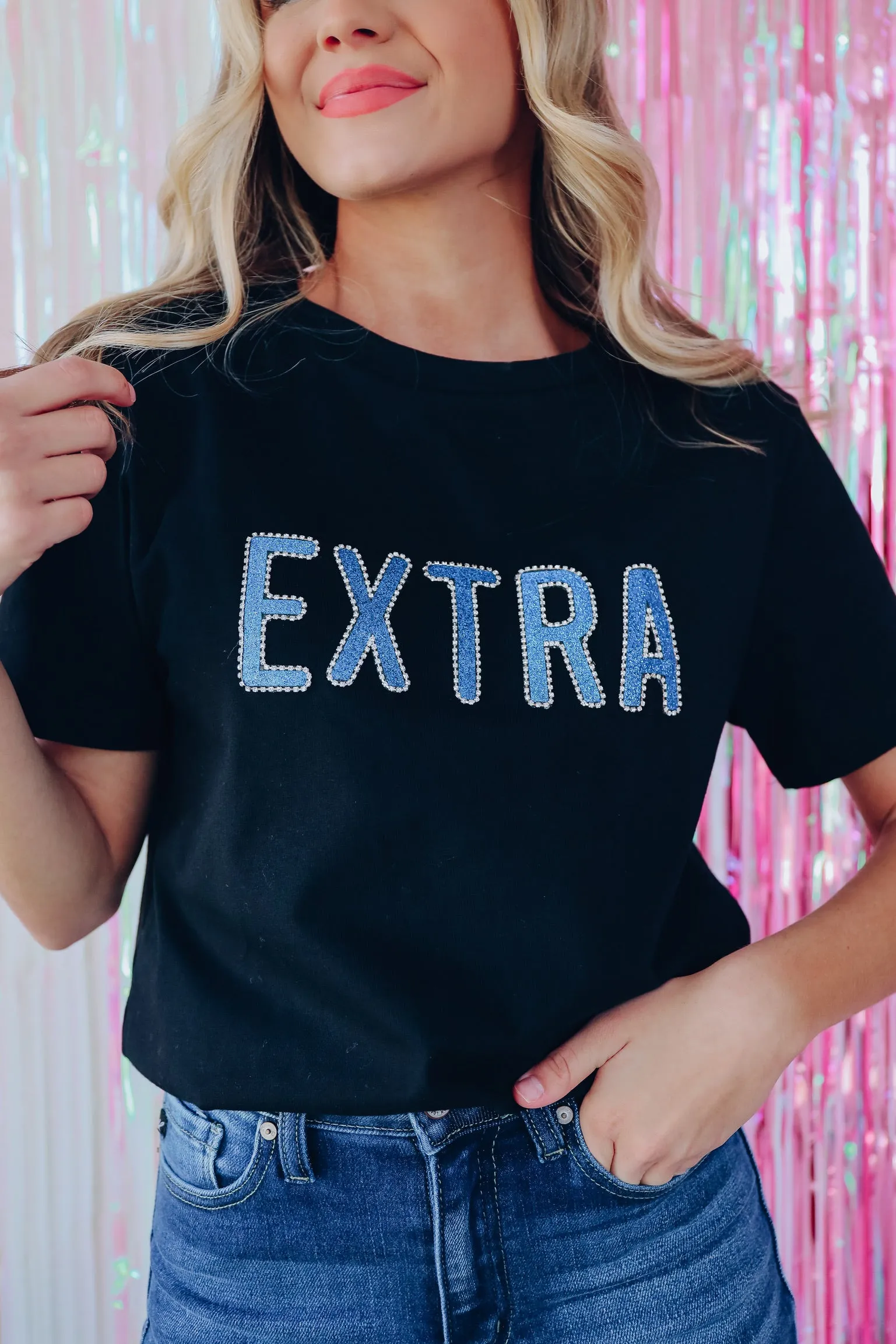 EXTRA Rhinestone Graphic Tee Top - Black/Cobalt