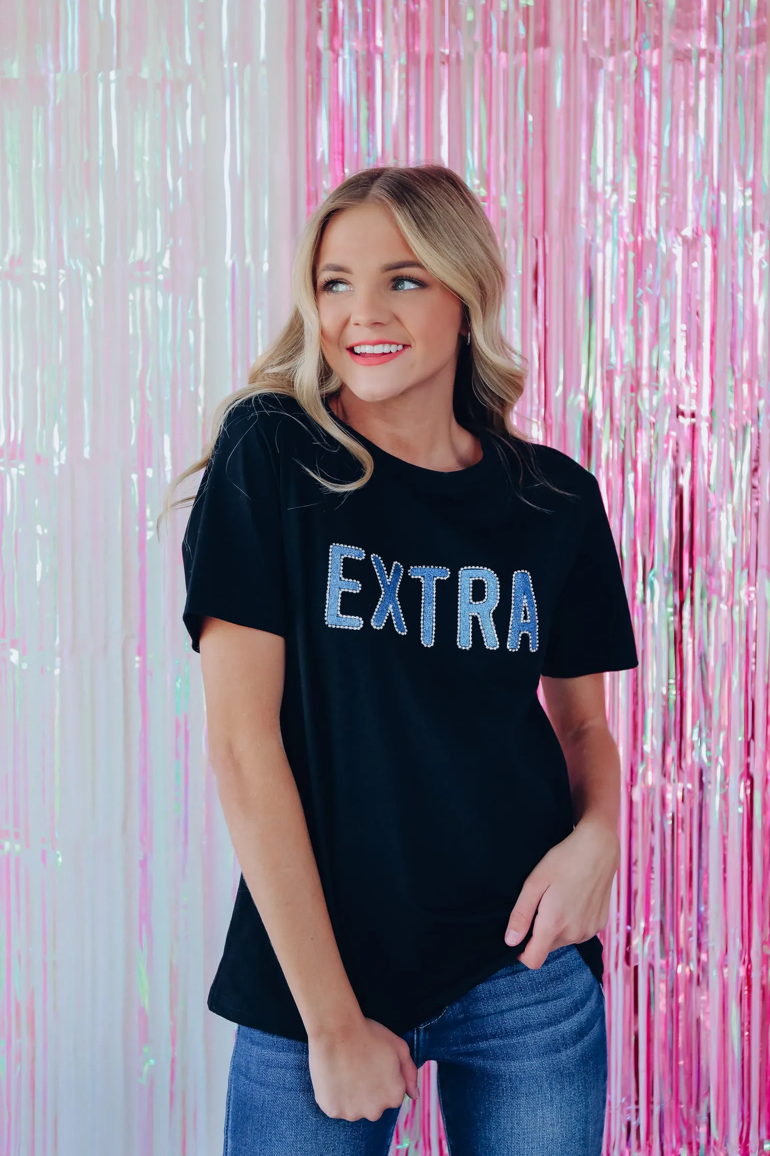 EXTRA Rhinestone Graphic Tee Top - Black/Cobalt