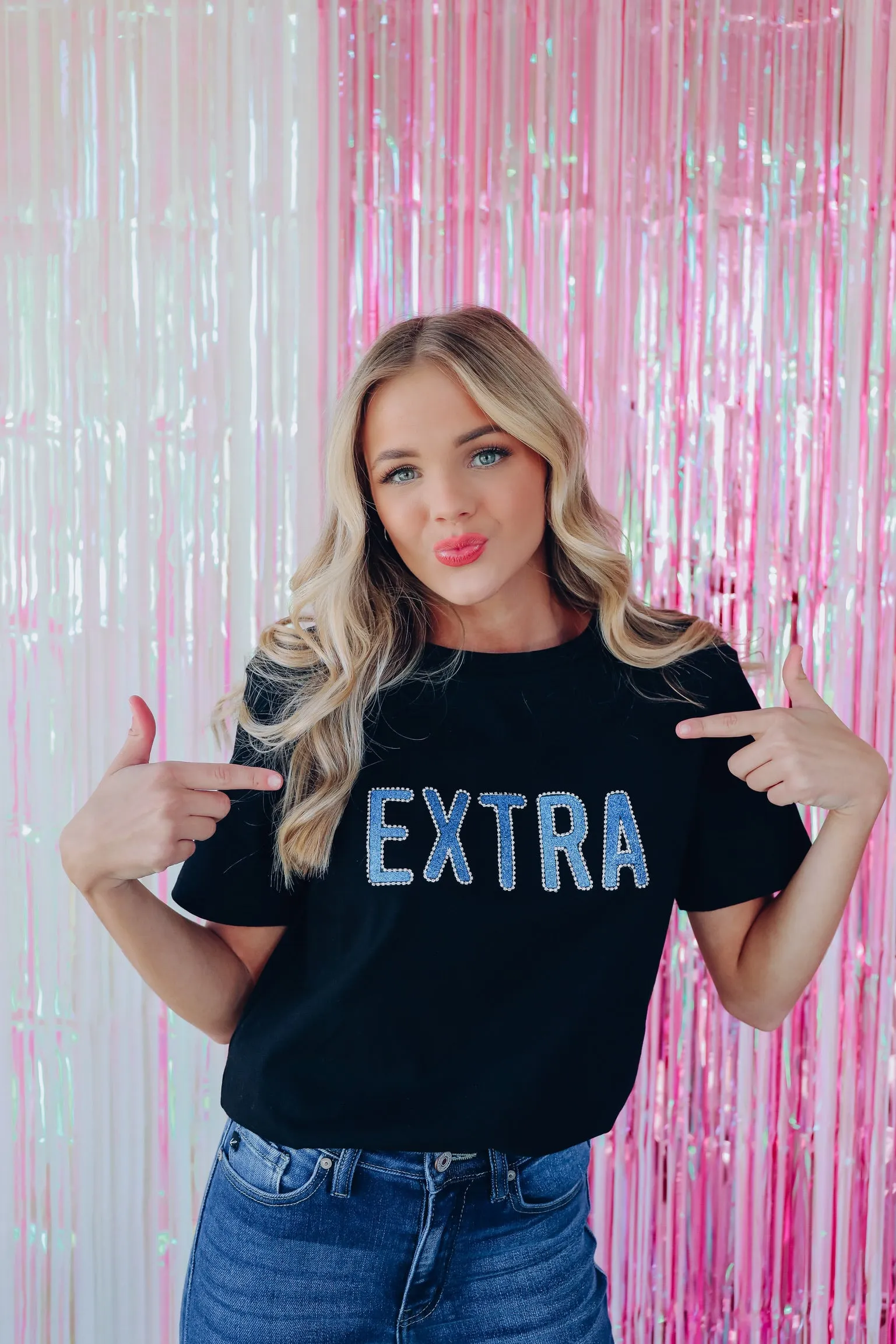 EXTRA Rhinestone Graphic Tee Top - Black/Cobalt