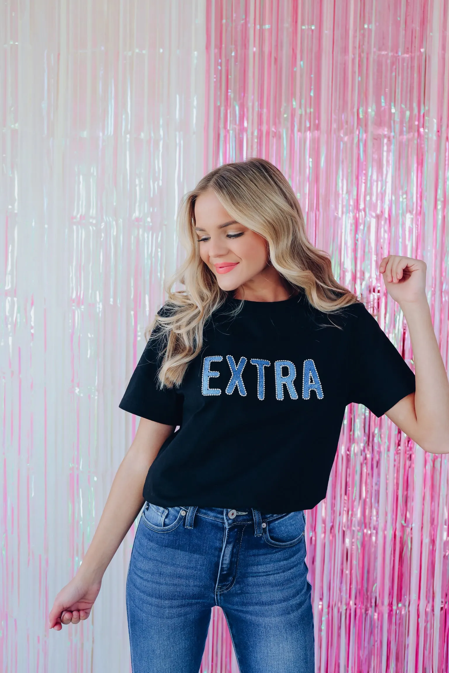 EXTRA Rhinestone Graphic Tee Top - Black/Cobalt