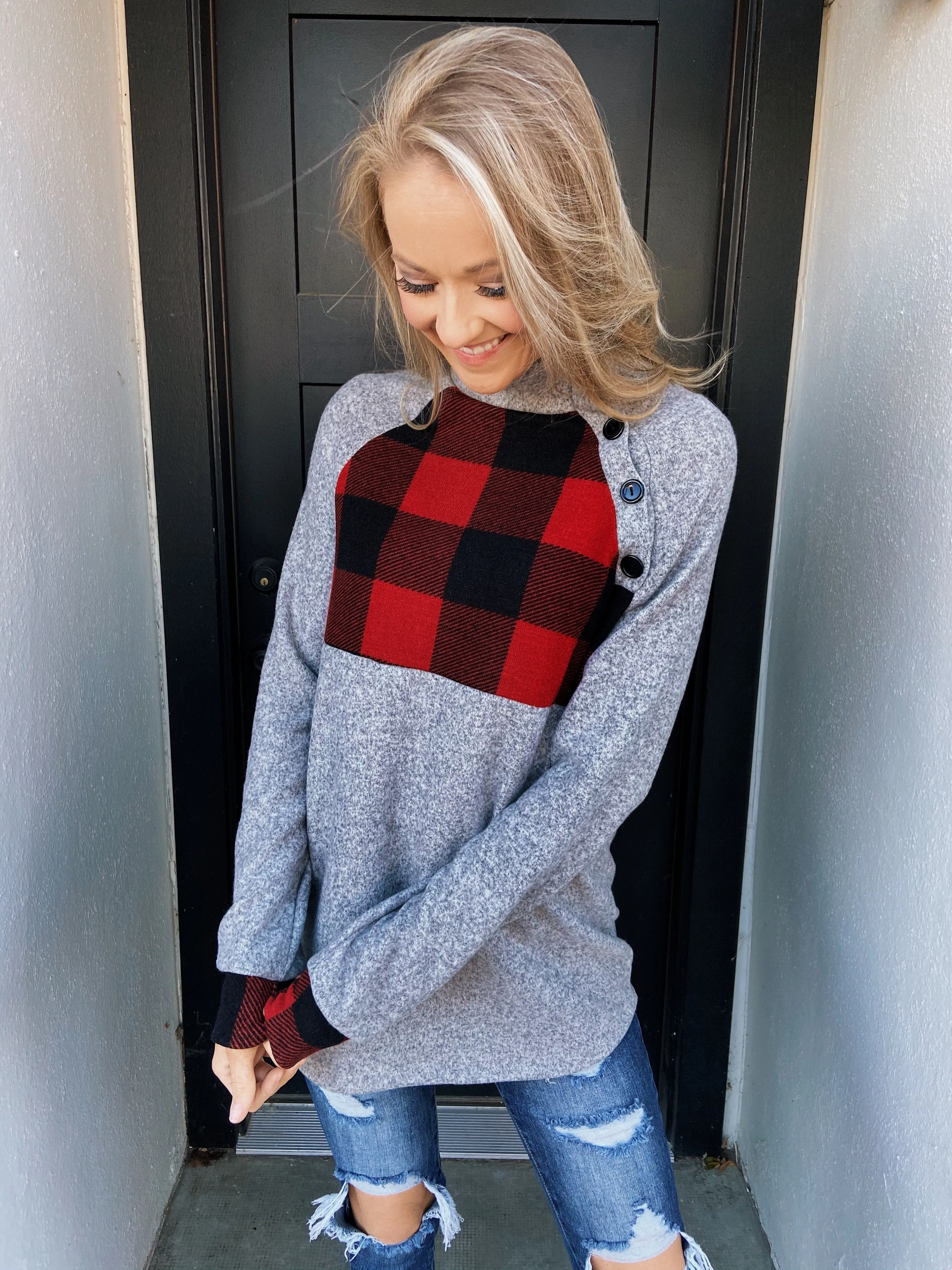 Forever Together Pullover- Buffalo Plaid & Heather Grey