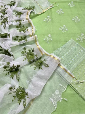 Green Hand Embroided Kota Doria Suit Fabric With Dupatta