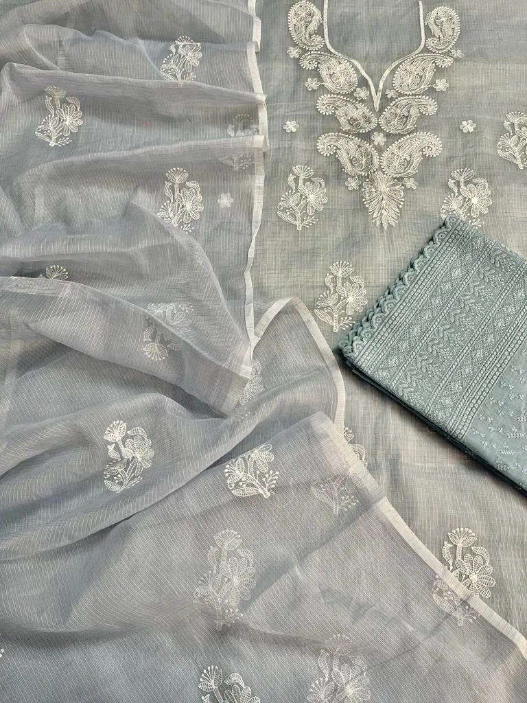 Grey Embroided Cotton Kota Doria Suit With Dupatta