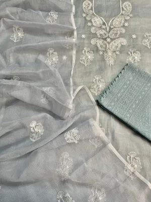 Grey Embroided Cotton Kota Doria Suit With Dupatta
