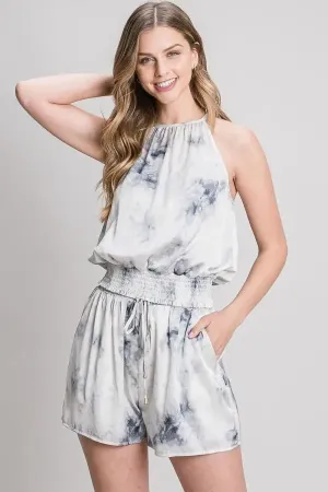 HALTER NECK SMOCKED WAIST SATIN PRINT TOP