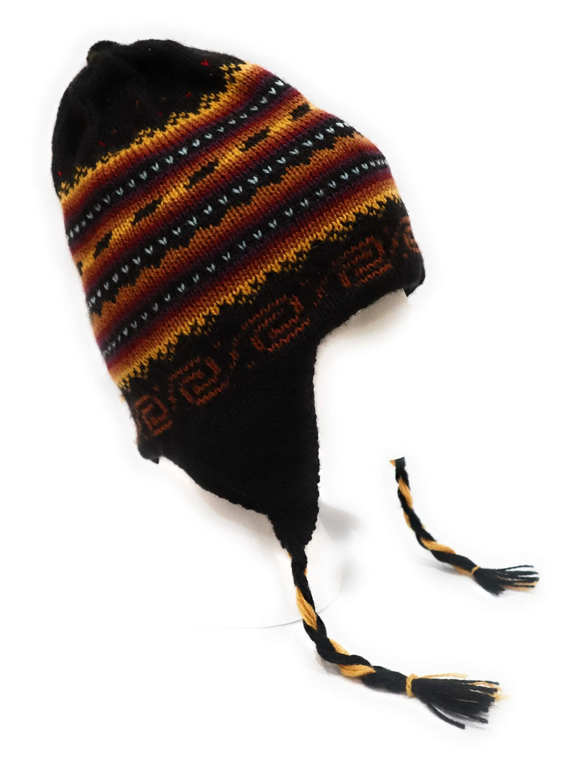 Hand-Knotted Chullo Hat Black, Yellow, Orange/Rainbow Stripped. Reversible. Alpaca Wool BlendInca Culture Design.