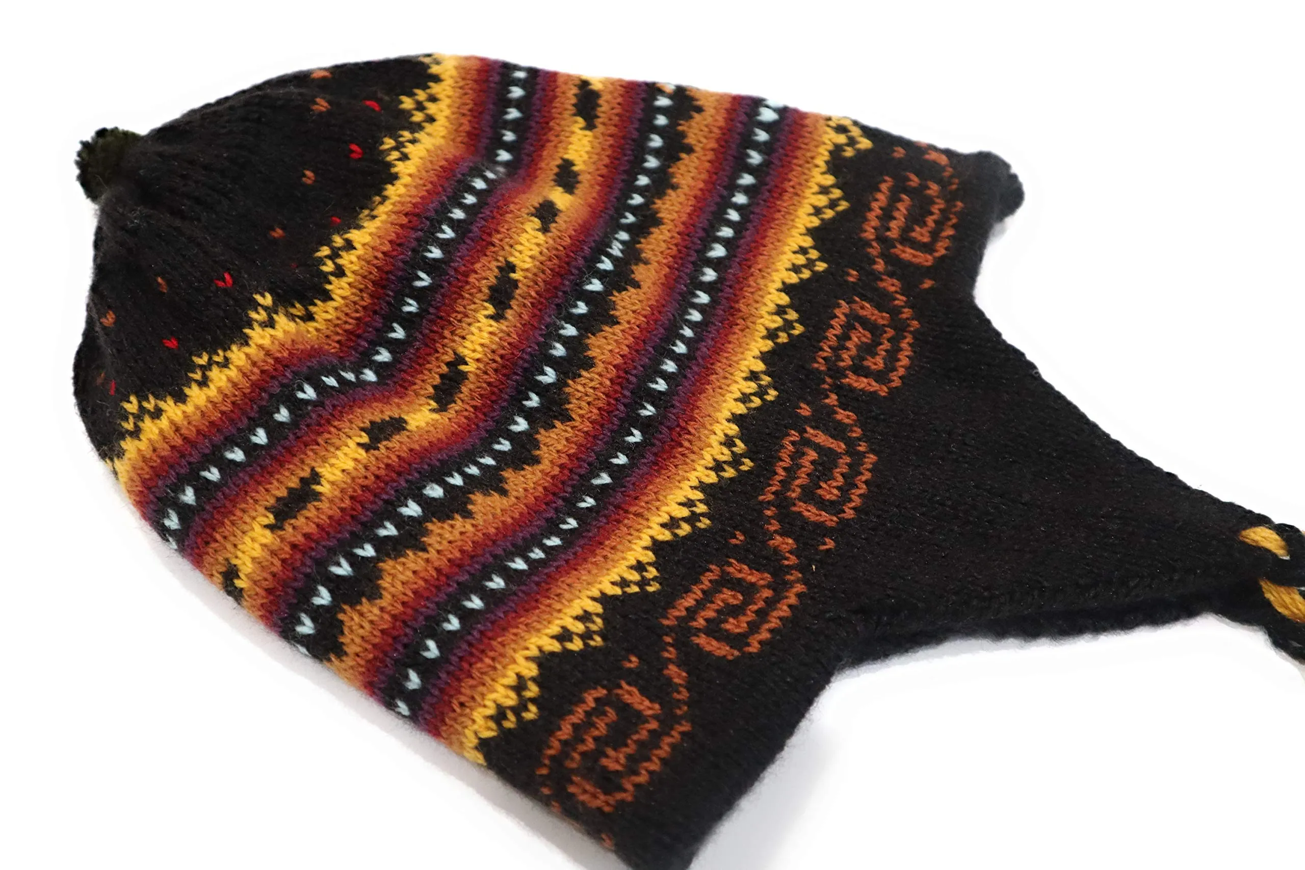 Hand-Knotted Chullo Hat Black, Yellow, Orange/Rainbow Stripped. Reversible. Alpaca Wool BlendInca Culture Design.