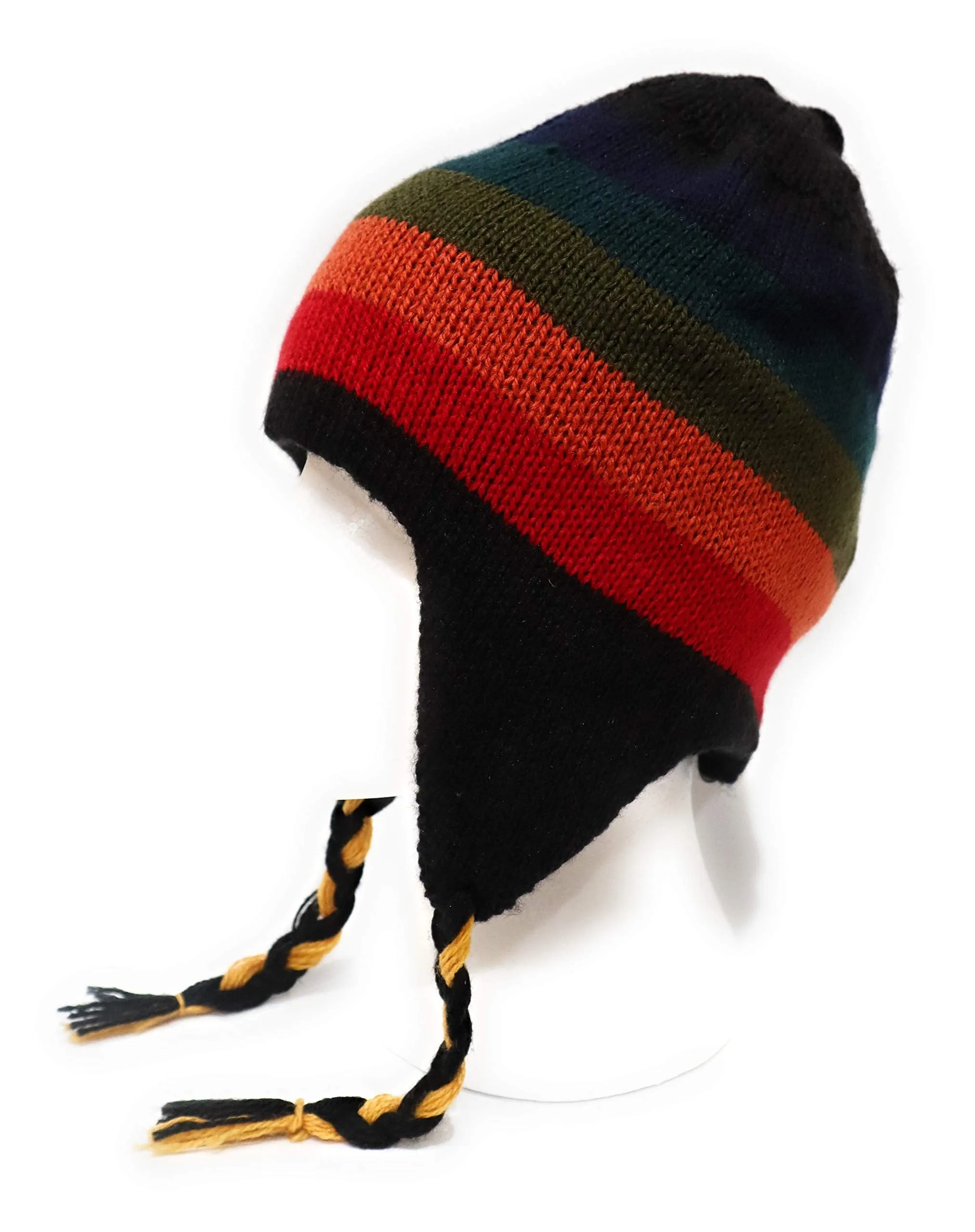 Hand-Knotted Chullo Hat Black, Yellow, Orange/Rainbow Stripped. Reversible. Alpaca Wool BlendInca Culture Design.