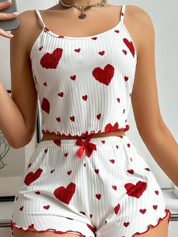 Heart Print Crop Top & Shorts Set - From Daywear to Nightwear