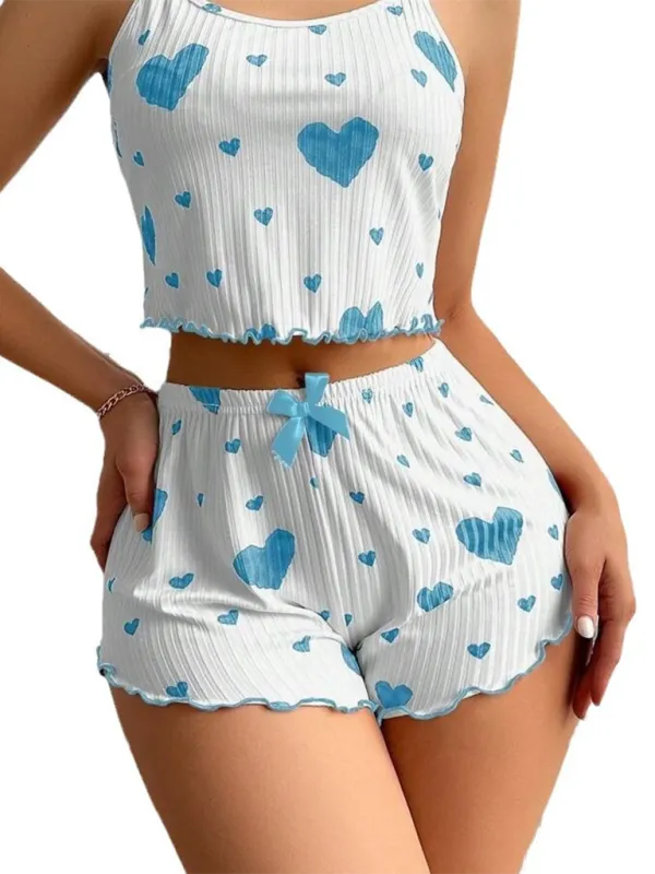 Heart Print Crop Top & Shorts Set - From Daywear to Nightwear
